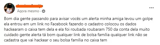 Relato retirado de um Grupo do Bolsa Família no Facebook. Imagem: Reprodução/Assistencialismo